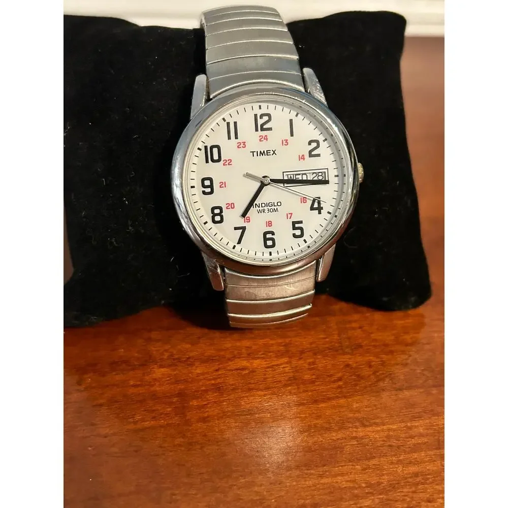Timex Easy Reader Watch Silver Tone Expansion Band Military 24-Hour White Dial